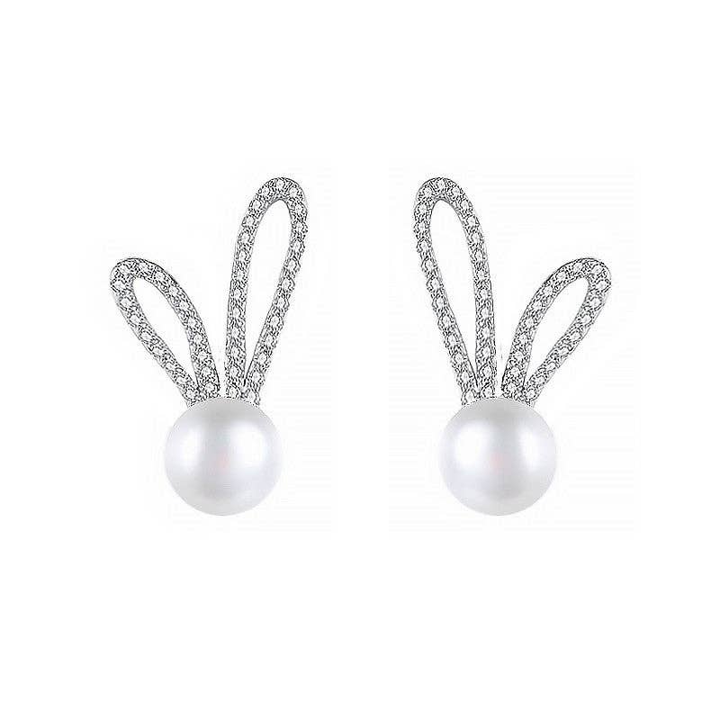 Dainty Cute Bunny Rabbit Pearl Stud Earrings in Solid Copper