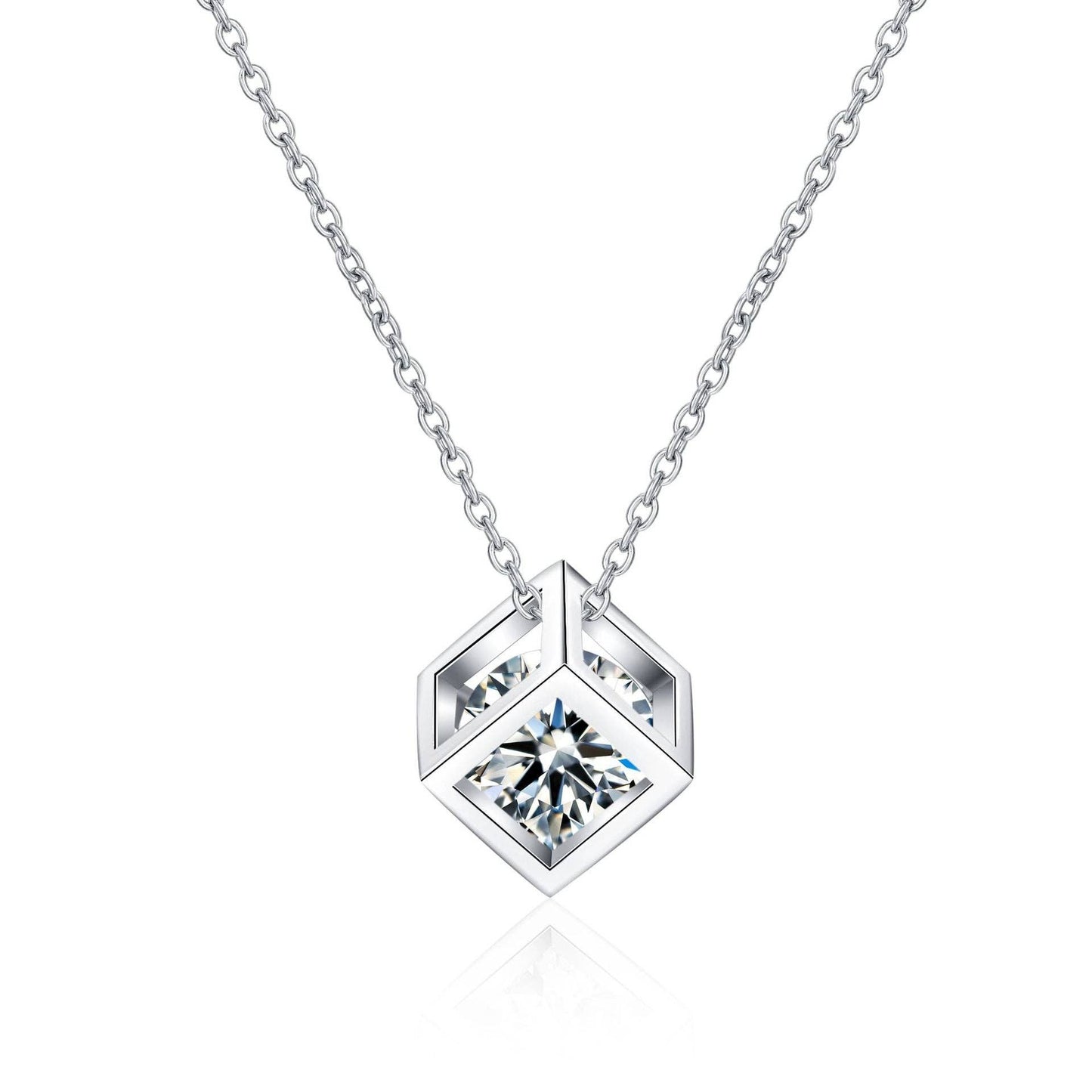 Magic Cube Moissanite Charm Necklace in 925 Sterling Silver: Box Chain / 0.5 ct