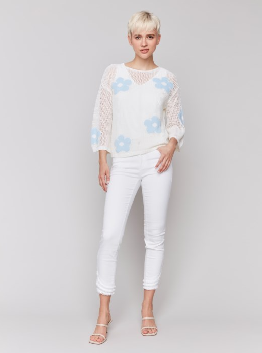 Crochet jacquard sweater with 3/4 drop sleeves Blue Flower