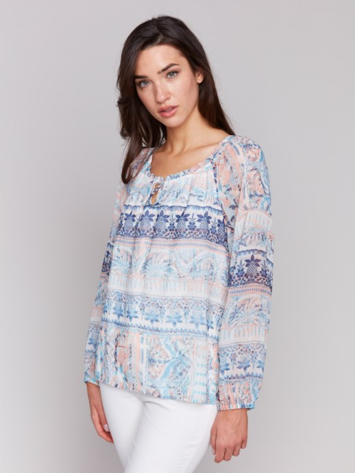 Printed Chiffon Raglan Sleeve Blouse , Gathered Line