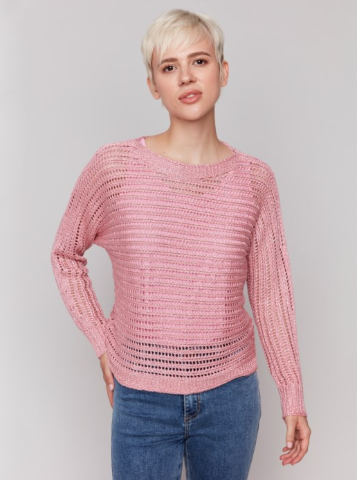 Metallic Fishnet Dolman Crew Neck Sweater