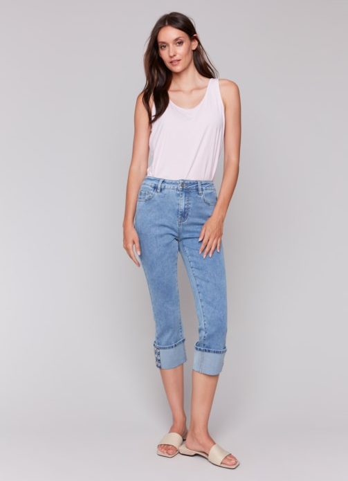Cropped Jeans w/Snap Button Cuff Detail Blue Denim