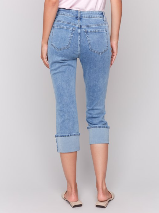 Cropped Jeans w/Snap Button Cuff Detail Blue Denim