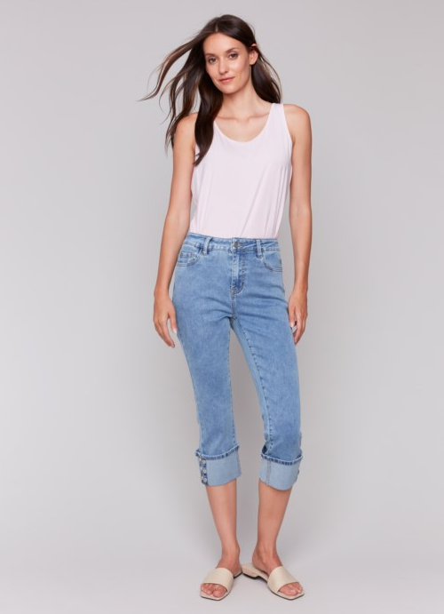 Cropped Jeans w/Snap Button Cuff Detail Blue Denim