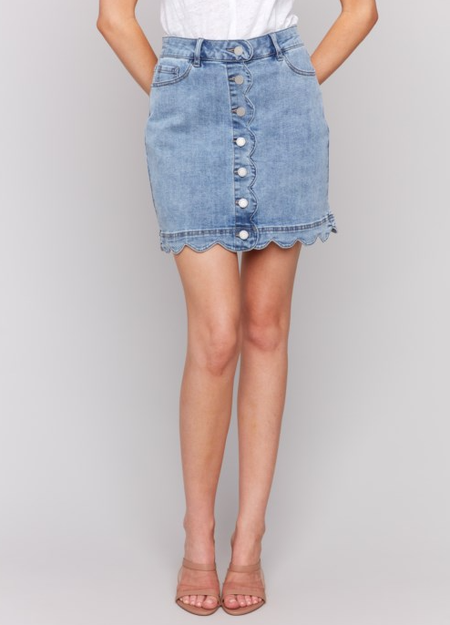 Scalloped Hem Button Front Denim Skort