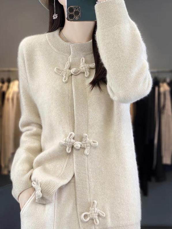 Women's Vintage Round Neck Cardigan Long Sleeve Knit Sweater