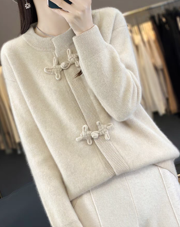 Women's Vintage Round Neck Cardigan Long Sleeve Knit Sweater