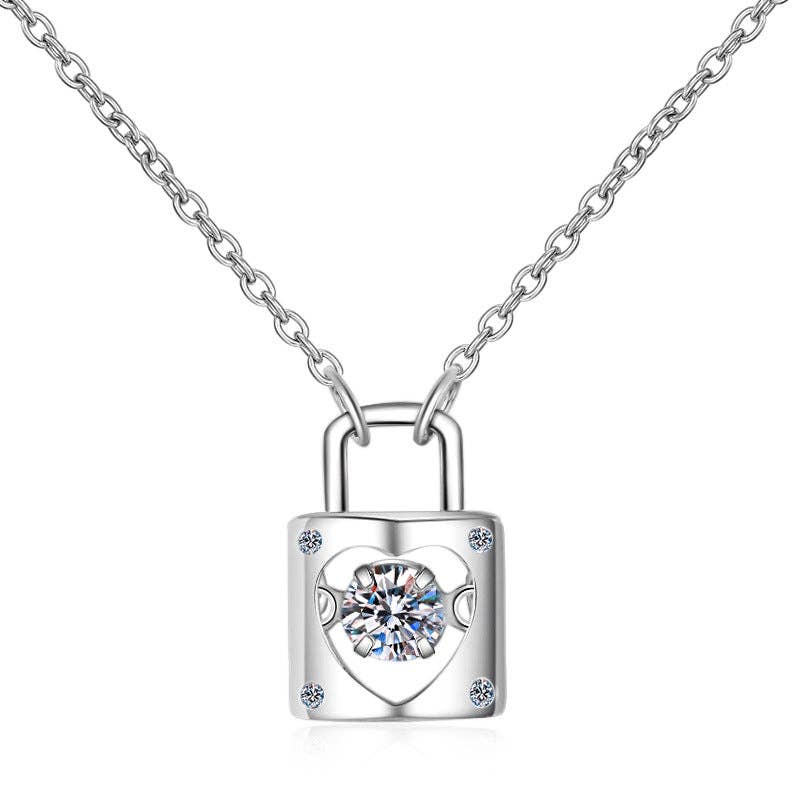 Moissanite Heart Lock Charm Necklace in 925 Sterling Silver