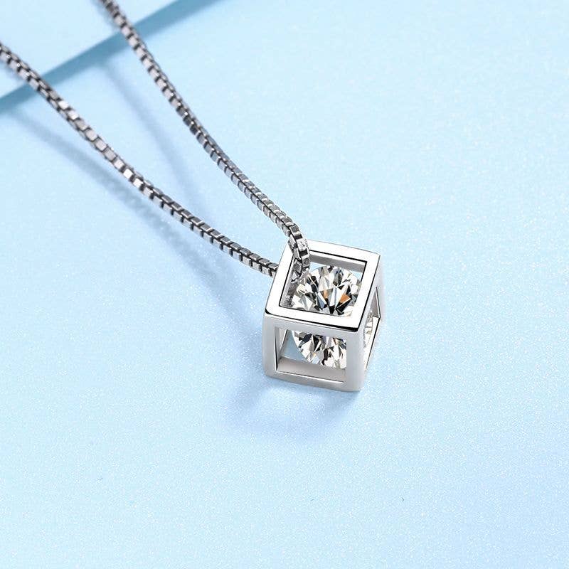 Magic Cube Moissanite Charm Necklace in 925 Sterling Silver: Box Chain / 0.5 ct