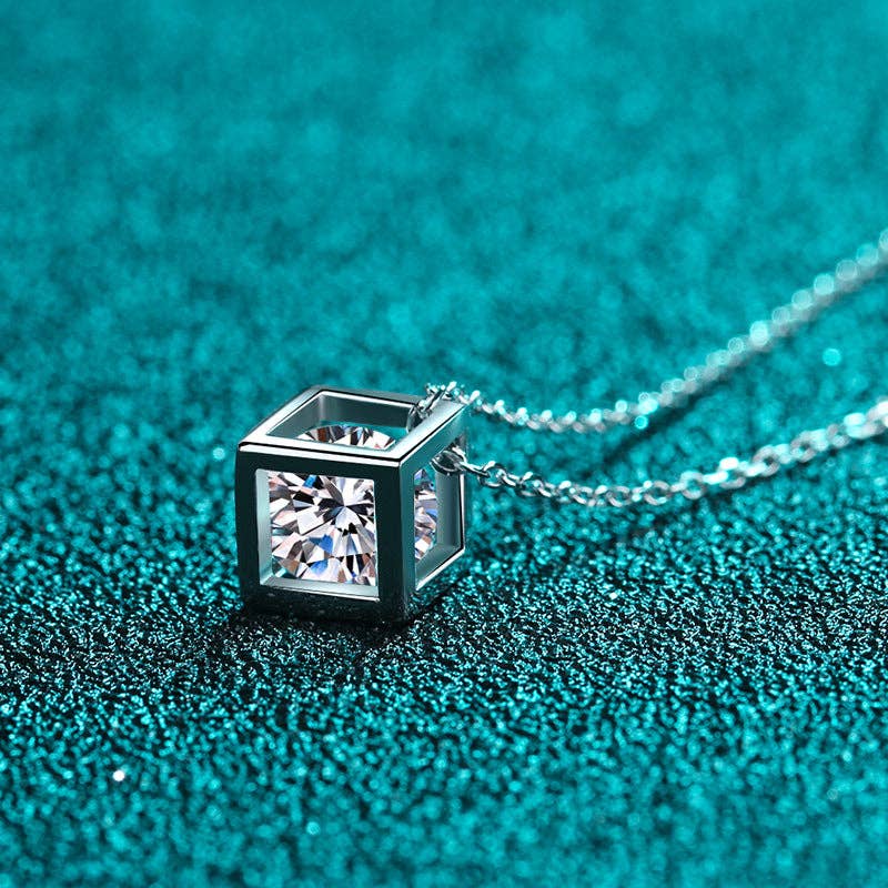 Magic Cube Moissanite Charm Necklace in 925 Sterling Silver: Box Chain / 0.5 ct