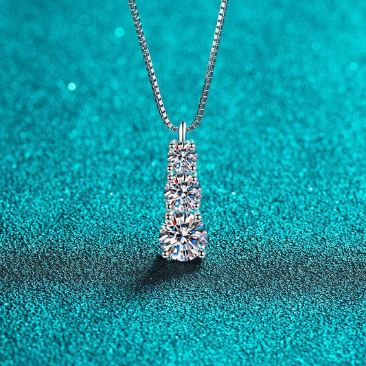 Three Stone Moissanite Charm Necklace in 925 Sterling Silver