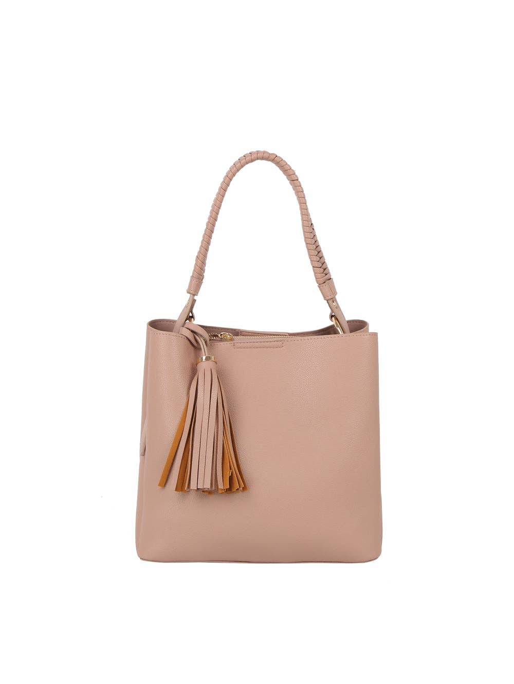 Braided Handle Tassel Pebbled Boxy Tote
