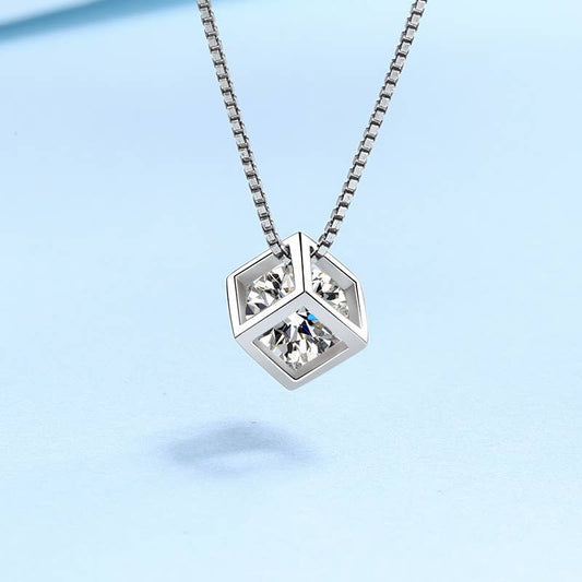 Magic Cube Moissanite Charm Necklace in 925 Sterling Silver: Box Chain / 0.5 ct