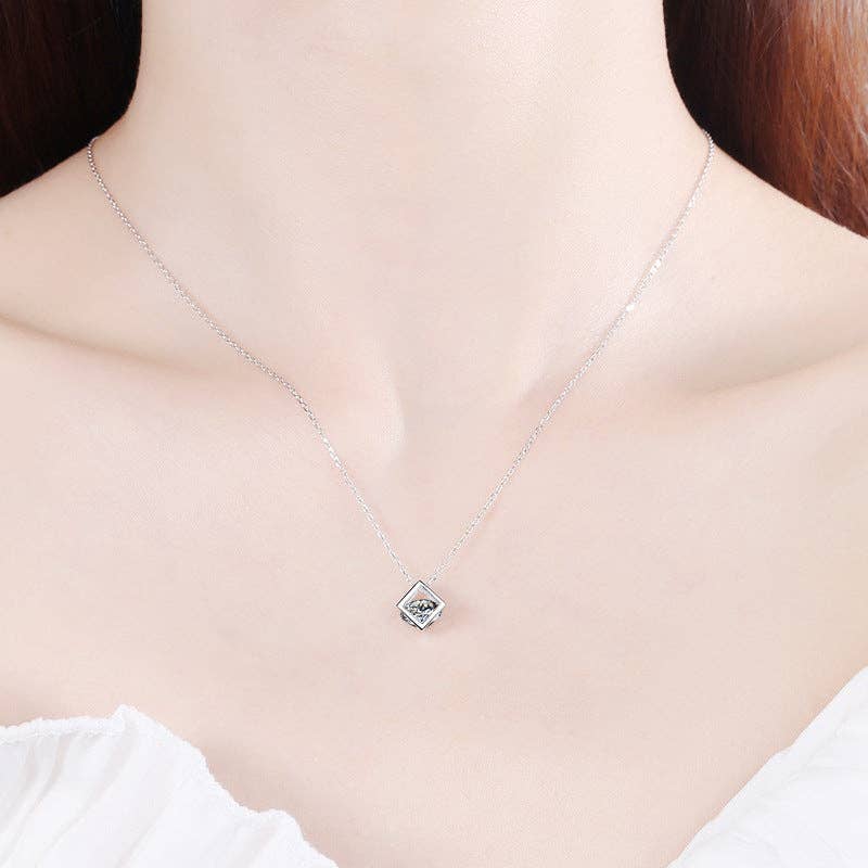 Magic Cube Moissanite Charm Necklace in 925 Sterling Silver: Box Chain / 0.5 ct