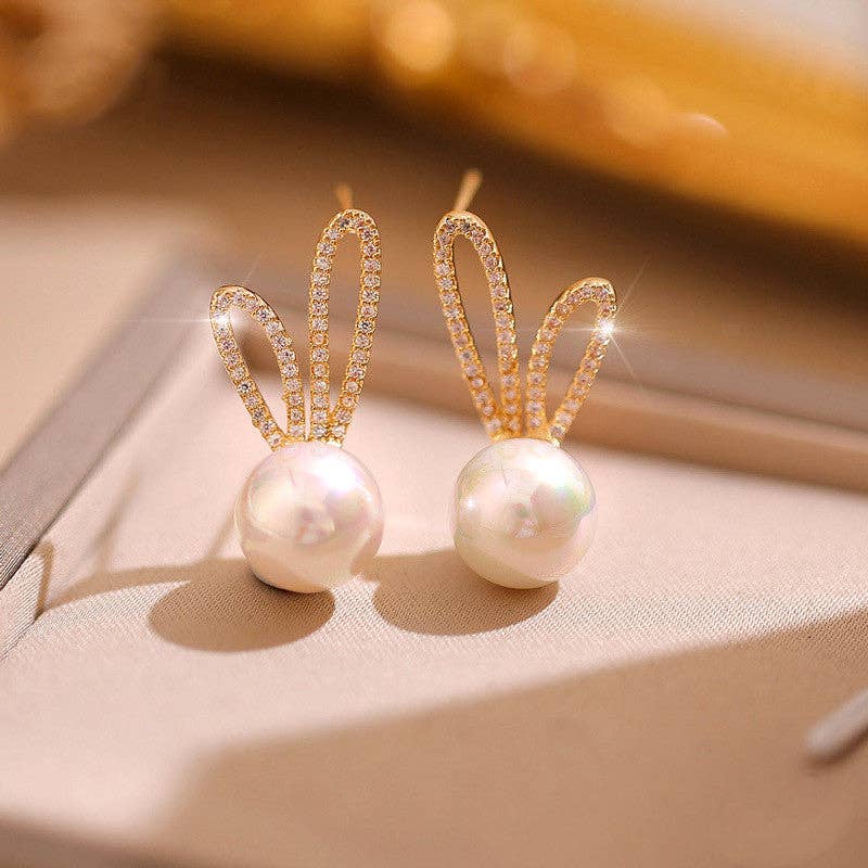 Dainty Cute Bunny Rabbit Pearl Stud Earrings in Solid Copper