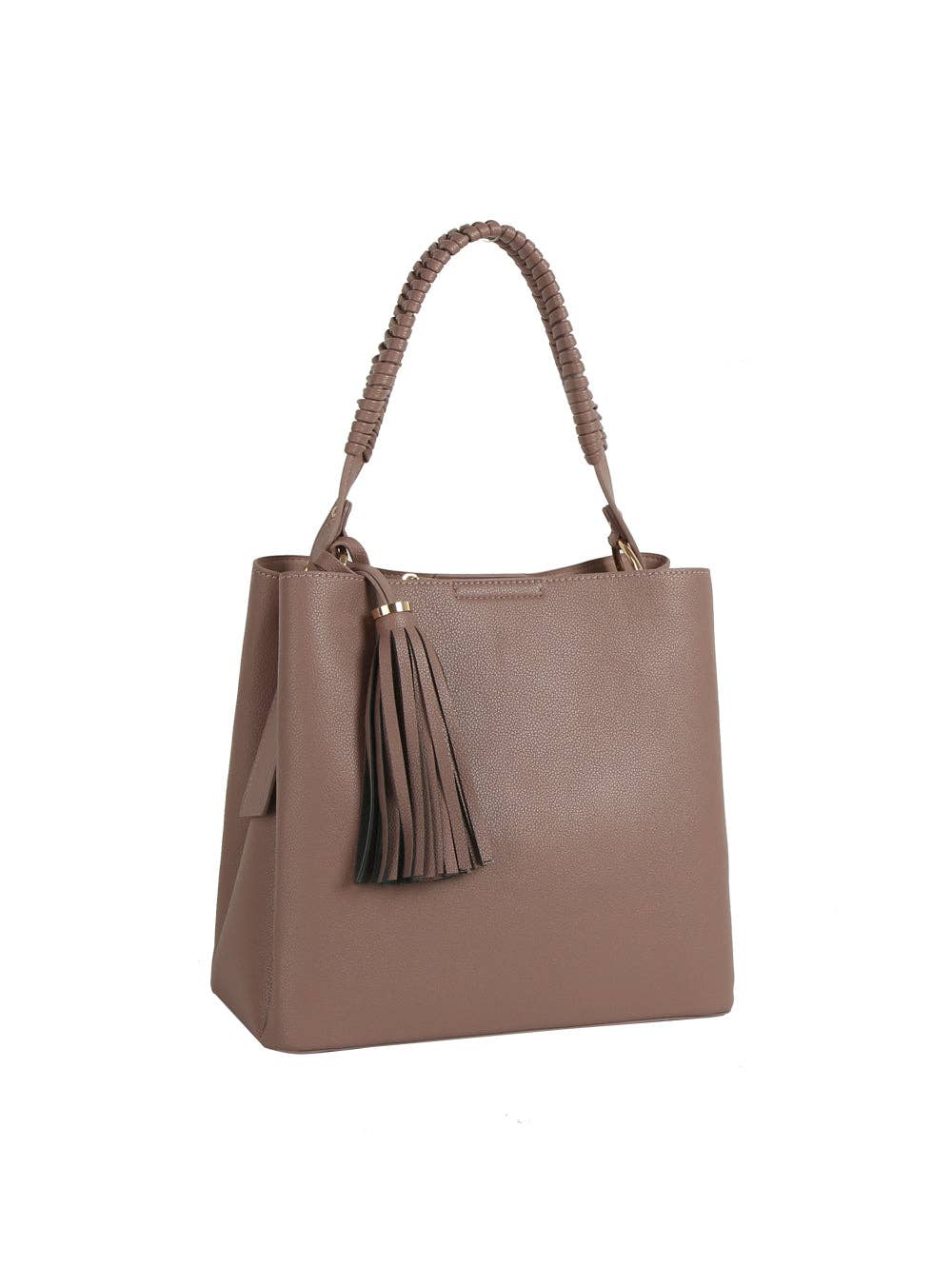 Braided Handle Tassel Pebbled Boxy Tote