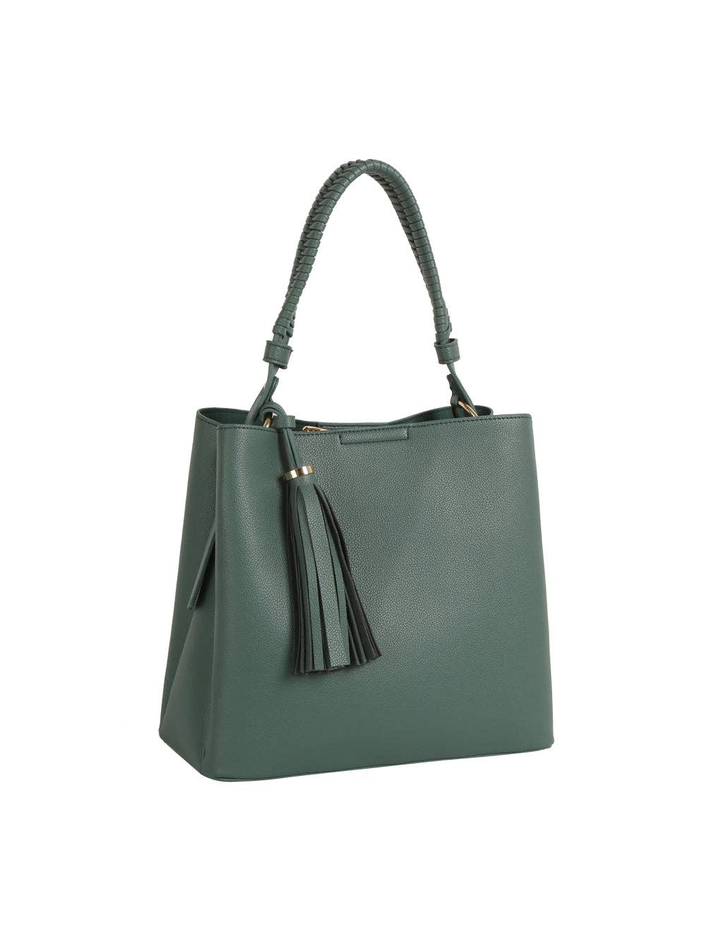 Braided Handle Tassel Pebbled Boxy Tote