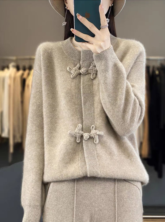 Women's Vintage Round Neck Cardigan Long Sleeve Knit Sweater