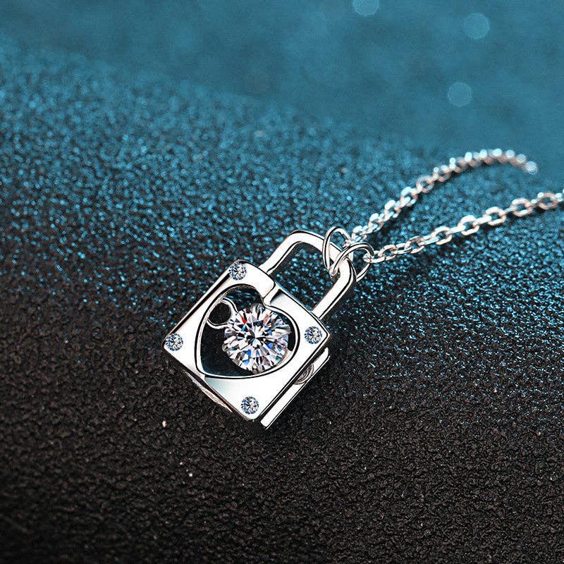 Moissanite Heart Lock Charm Necklace in 925 Sterling Silver
