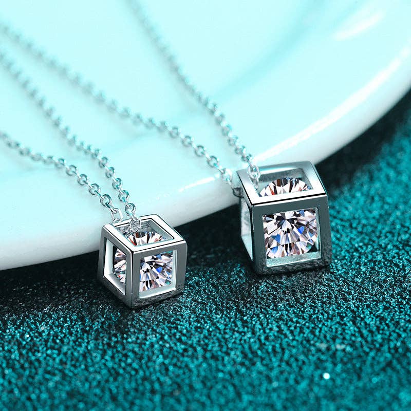Magic Cube Moissanite Charm Necklace in 925 Sterling Silver: Box Chain / 0.5 ct
