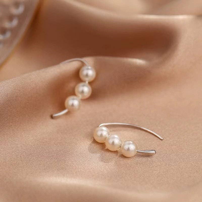 Dainty Minimalist Triple Pearl Hoop Earrings in Solid Copper
