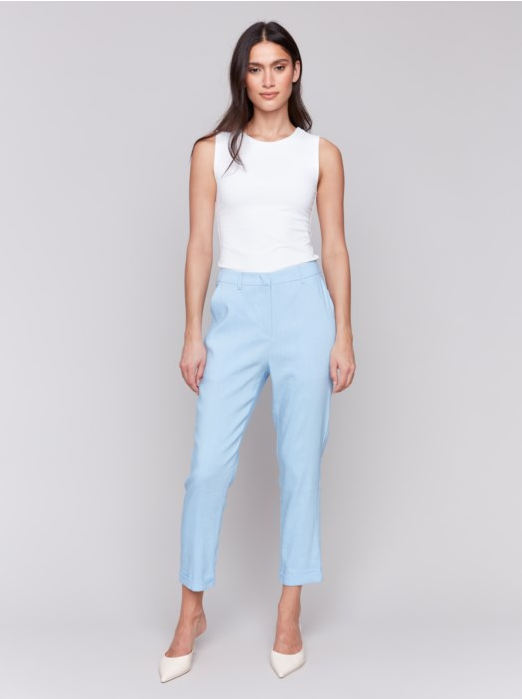 Stretch Linen Blend Pants with Slash Pockets and Cuffed Hem Bluebell