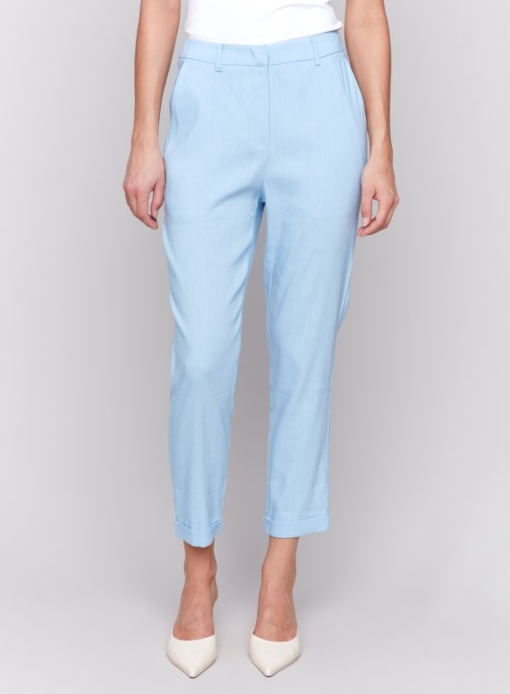 Stretch Linen Blend Pants with Slash Pockets and Cuffed Hem Bluebell