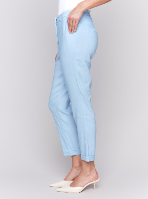 Stretch Linen Blend Pants with Slash Pockets and Cuffed Hem Bluebell