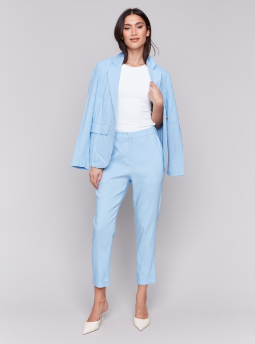 Stretch Linen Blend Pants with Slash Pockets and Cuffed Hem Bluebell