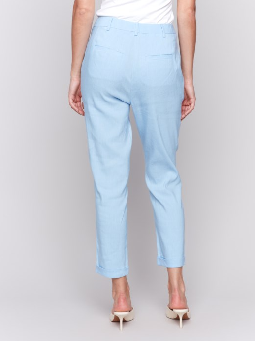 Stretch Linen Blend Pants with Slash Pockets and Cuffed Hem Bluebell