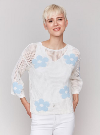 Crochet jacquard sweater with 3/4 drop sleeves Blue Flower