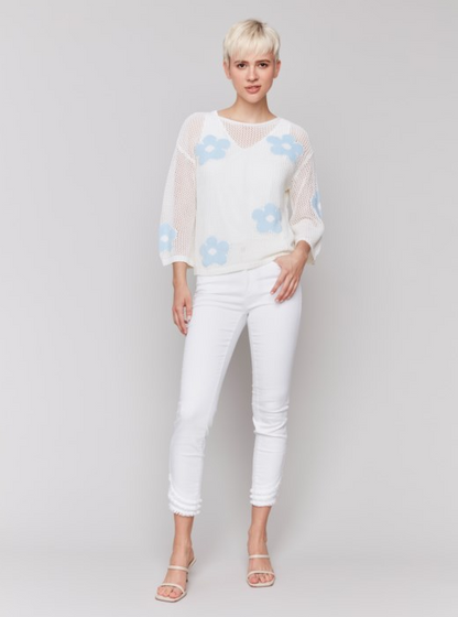 Crochet jacquard sweater with 3/4 drop sleeves Blue Flower
