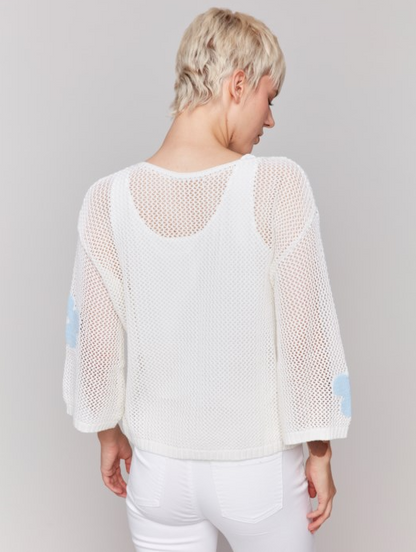Crochet jacquard sweater with 3/4 drop sleeves Blue Flower