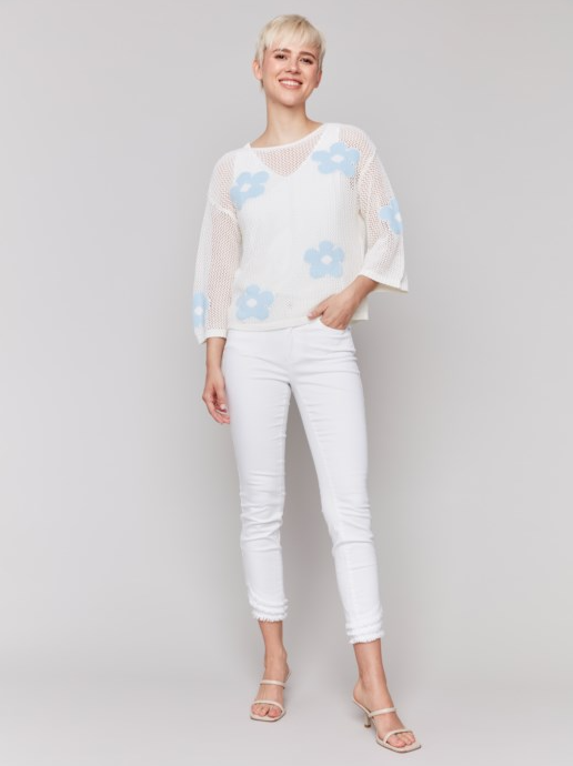 Crochet jacquard sweater with 3/4 drop sleeves Blue Flower