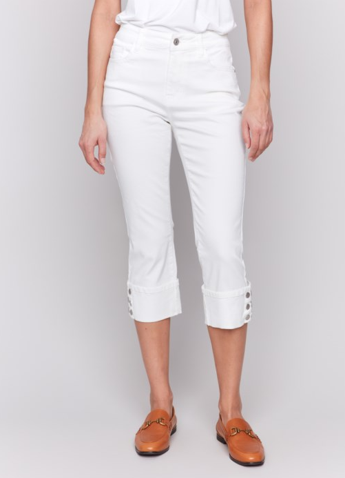 Colored Twill 5-Pocket Jeans with Snap Button Detail at Hem White