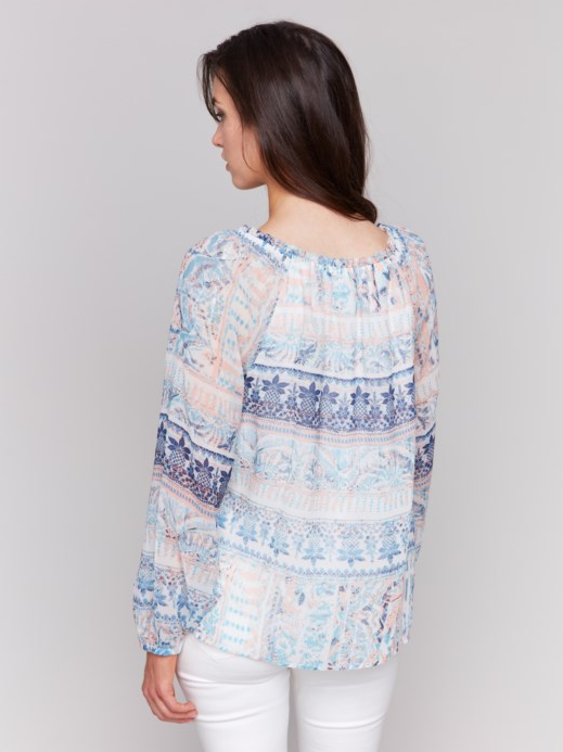 Printed Chiffon Raglan Sleeve Blouse , Gathered Line