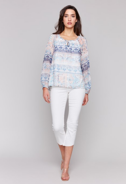 Printed Chiffon Raglan Sleeve Blouse , Gathered Line