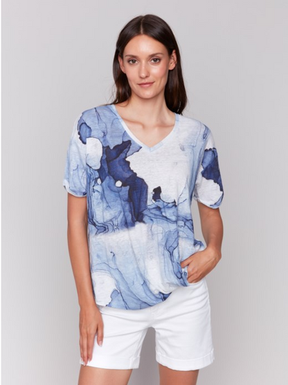Printed V-Neck S/S Top /Twisted Front Blue Ink