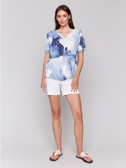 Printed V-Neck S/S Top /Twisted Front Blue Ink