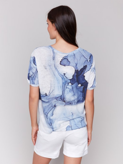 Printed V-Neck S/S Top /Twisted Front Blue Ink