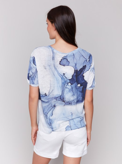 Printed V-Neck S/S Top /Twisted Front Blue Ink