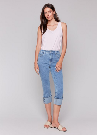 Cropped Jeans w/Snap Button Cuff Detail Blue Denim