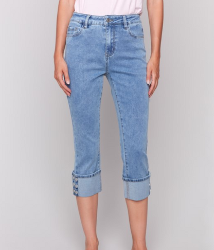 Cropped Jeans w/Snap Button Cuff Detail Blue Denim