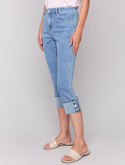 Cropped Jeans w/Snap Button Cuff Detail Blue Denim