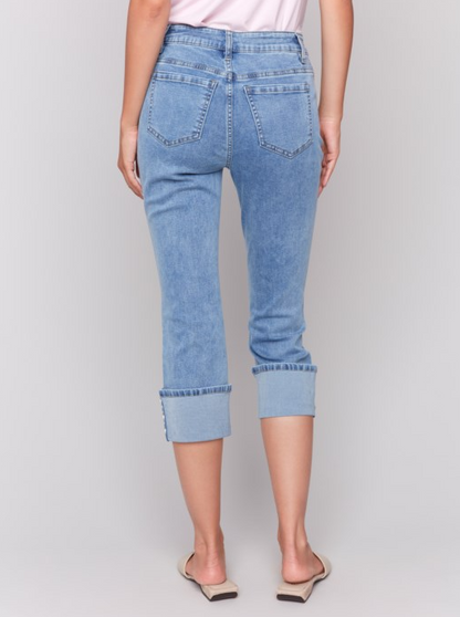 Cropped Jeans w/Snap Button Cuff Detail Blue Denim
