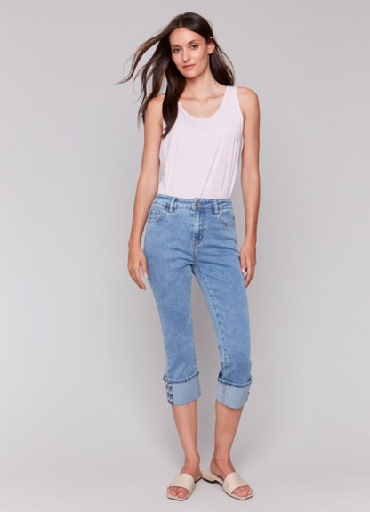Cropped Jeans w/Snap Button Cuff Detail Blue Denim