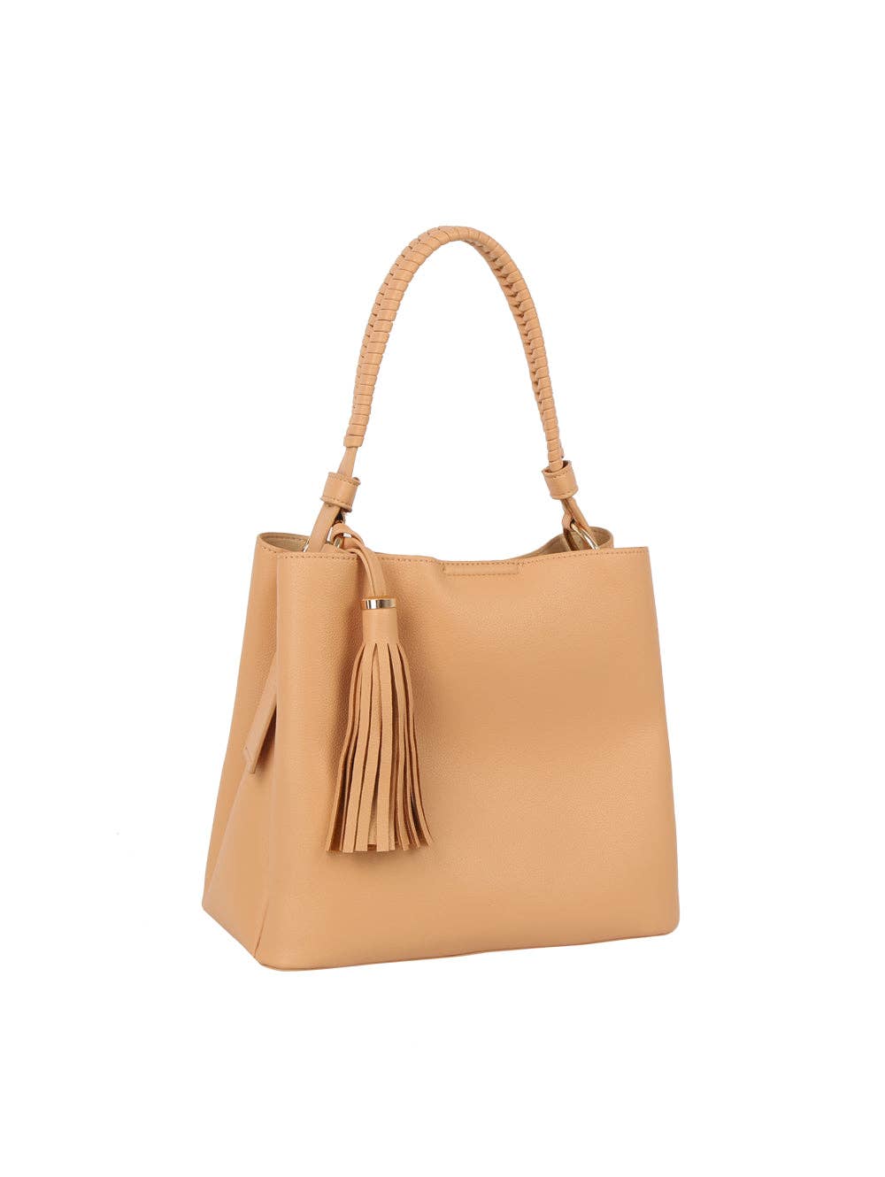 Braided Handle Tassel Pebbled Boxy Tote