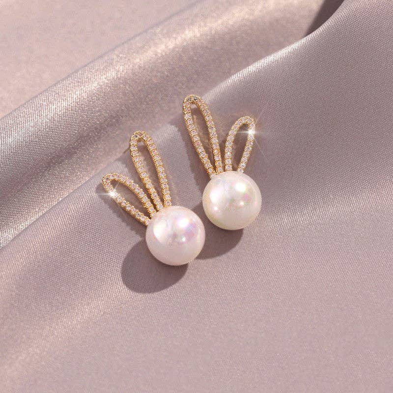 Dainty Cute Bunny Rabbit Pearl Stud Earrings in Solid Copper