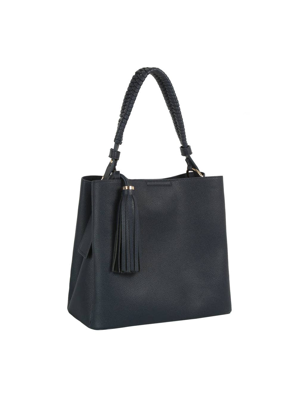 Braided Handle Tassel Pebbled Boxy Tote