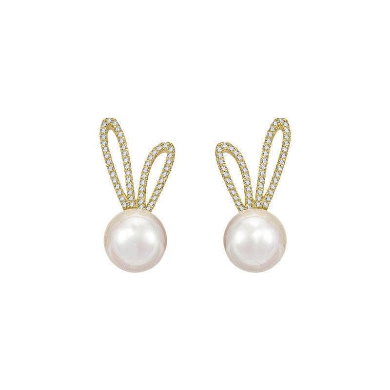 Dainty Cute Bunny Rabbit Pearl Stud Earrings in Solid Copper